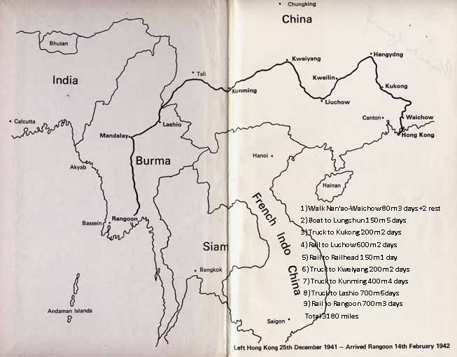 The Escape route across China and Burma
  Click here to see some scenes enroute   
  Map from 'Hong Kong Full Circle' by Alick Kennedy &copy