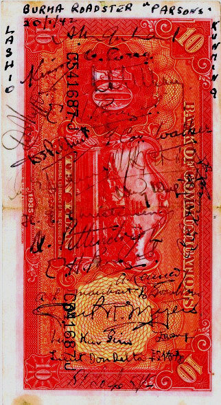 Lt Tommy Parsons banknote signed as souvenir by escape party members in Liuchow 
	Click here to see who signed it.