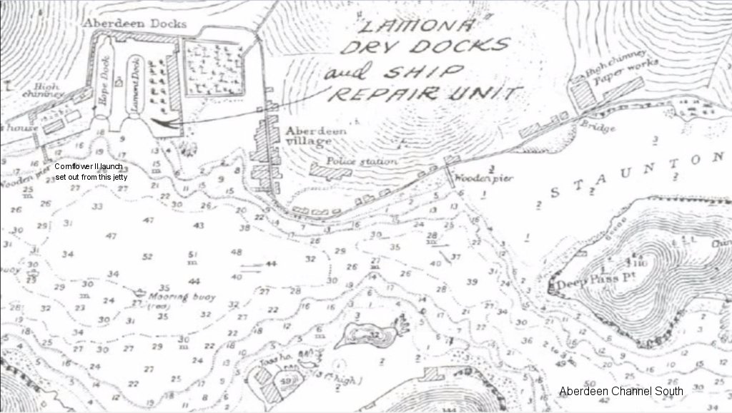 Chart showing Aberdeen Harbour & the jetty next to Hope Dock where the Cornflower launch was alongside.