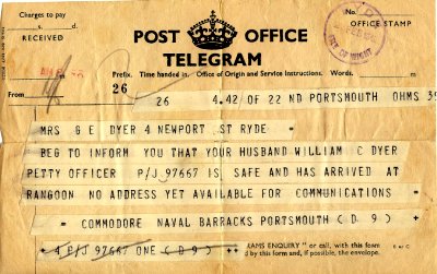 Bill Dyer Telegram from Rangoon