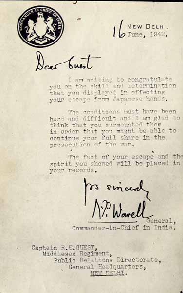 Freddie Guest's letter from C-in-C India, General Wavell.     
    Photo from Freddie Guest's collection ©