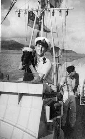 Sub-Lt David Legge with the ships dog Brucey ;
Photo from Lt C J Collingwood's collection © Sub-Lt David Legge with the ships dog Brucey ;
Photo from Lt C J Collingwood's collection ©